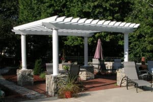 White Pergolas with Stone Trim
